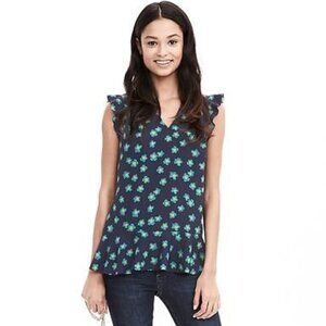 Banana Republic | Feminine Floral V-Neck Ruffle Blouse | Navy Multi | Size XL